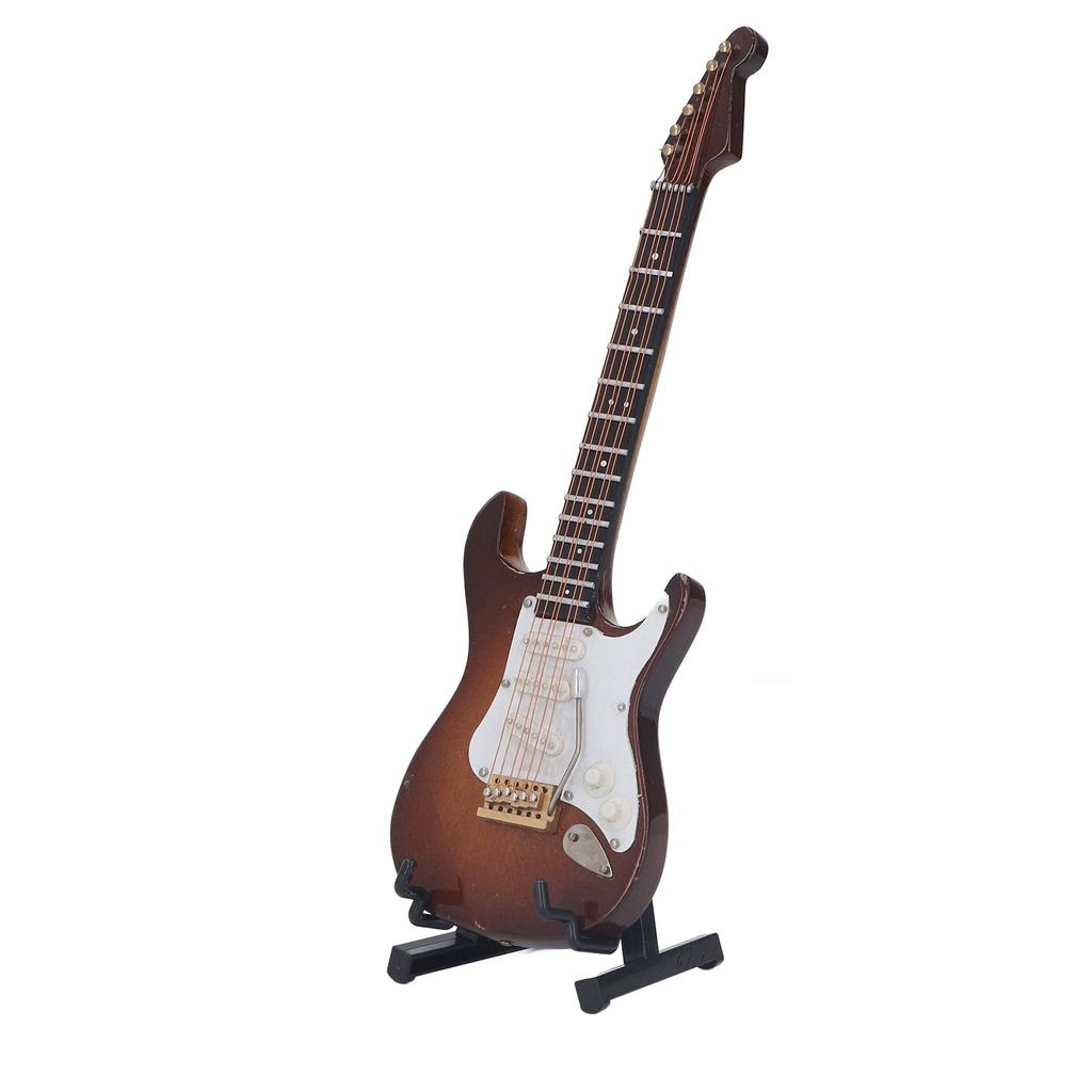 Miniature Electric Guitar Coffee Color 7.1in Long Wood Coated Surface Mini Guitar Model with Holder