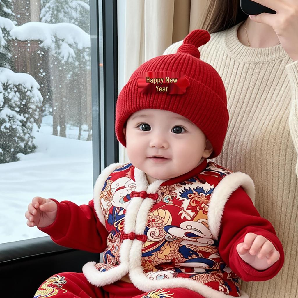Adorable Festive Red Winter Hat for Infants & Toddlers – Cozy Ear Protection for New Year & First Birthday