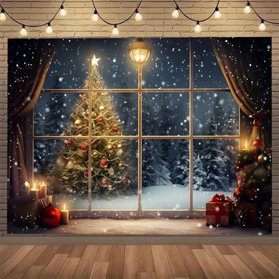 Decoração de festa de Natal pano de fundo inverno janela neve cena árvore cobertor adequado para fotografia casa ao ar livre