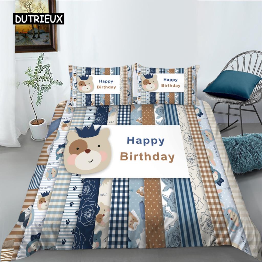 Cartoon Animal Happy Birthday King Queen Duvet Cover Cute Lion Bedding Set Kids Boys Girls Elephant 2/3pcs Polyester Quilt Cover