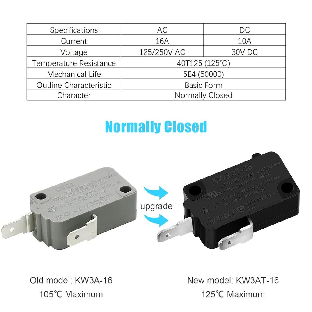 3PCS Microwave Oven Door Switch Replacement Parts(2X Normally Open + 1X Normally Closed), 16A 125/250V, KW3AT-16(Downward Compatible with KW3A-16)