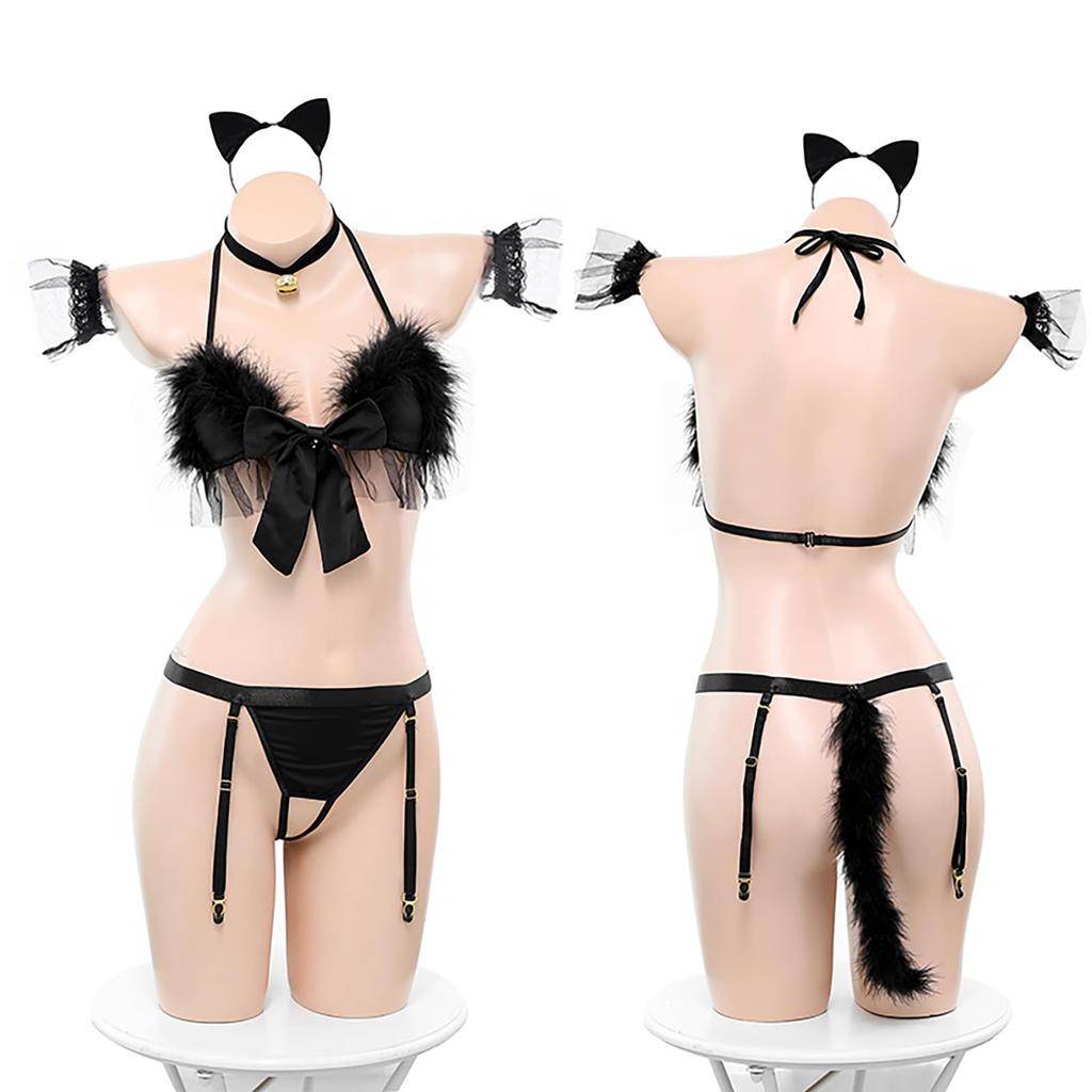 Cat Sexy Sexy Extreme Cat Ear Fluffy Sexy Open Erotic Sexy Halloween 7 Piece Set [Ahegao] Cosplay, Lingerie, Women's Cosplay, Headband, Tail, Cute,