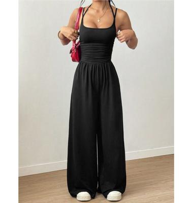 Tuta Casual da Donna a Colore Unito Pieghettata Larga Dritta Schiena Scoperta Scollo all'Americana Slim Cami Jumpsuit Streetwear