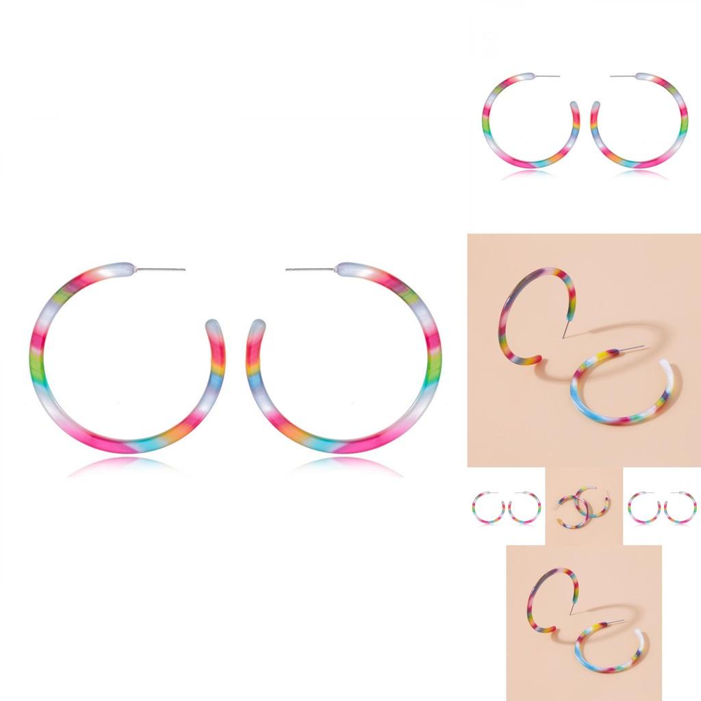 Fashionable C-shaped Rainbow Acetate Earrings Colorful Alloy Hoop Jewelry