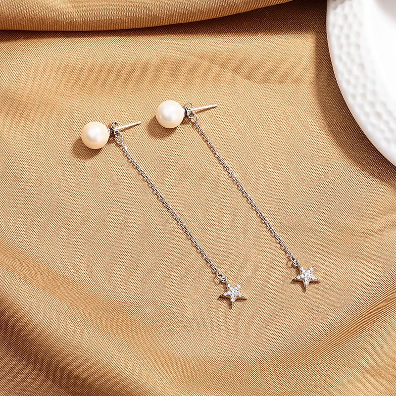 Autumn And Winter Silver Design Bead Earrings, Star Fringed Stud Earrings, Women'S Long Earrings, Double Ear Jewelry
