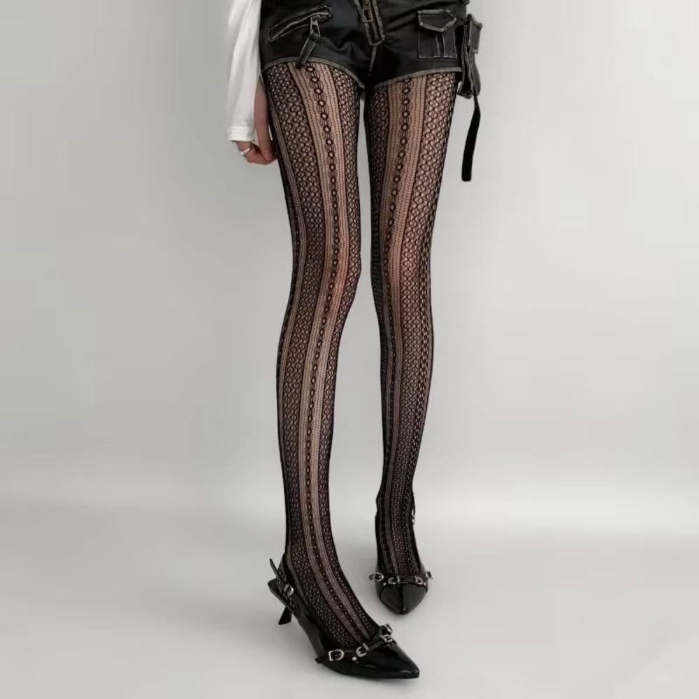 Sexy Hollowed Fishnet Pantyhose Striped Elastic Mesh Stockings Breathable Women's Legging JK Style