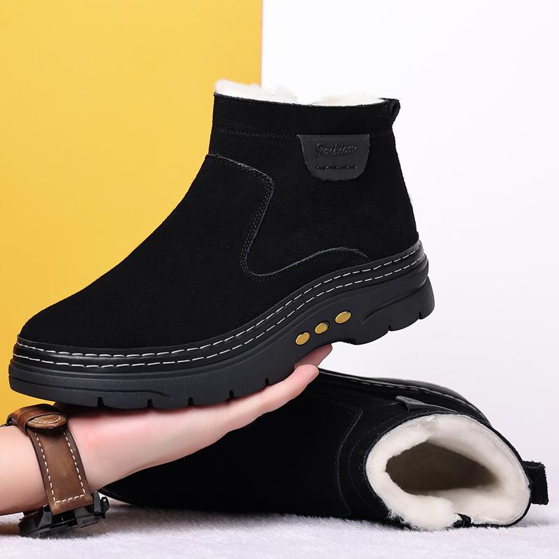 Winter New Men's Cotton Shoes, Genuine Leather, Wool and Fur Integrated Warm Casual High-top Boots, Anti-velvet Cowhide Men's Shoes