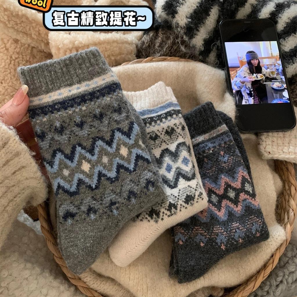 Wool Socks Children'S Medium Tube Socks Seasonal Thickened And Velvet Warm Retro Winter Stockings