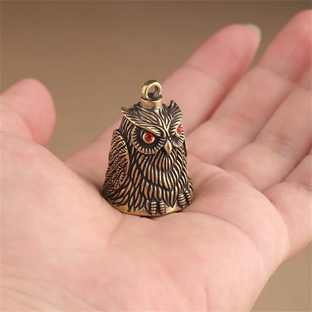 Owl Brass Bell Hand Carving Vintage Crafts Good Luck Ornament for DIY Keychain Wind Chime Doorbell Home Decor Gift