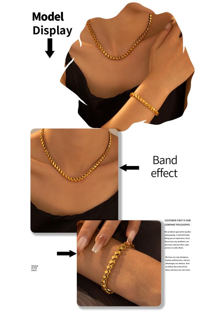 18K Gold Plated Geometric Necklace & Bracelet Set - Copper, Hip Hop Style, Color Retention