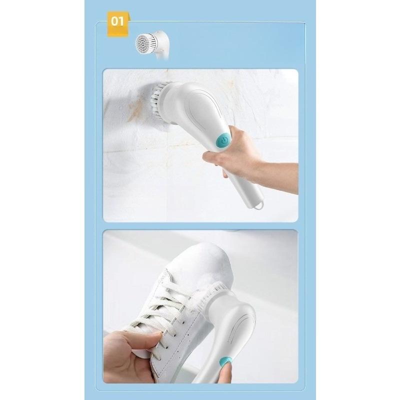 Cleaning Brush, Electric Cleaning Brush, Steel Wool Pad, 5-Head, Long-Handled, Handheld, Kitchen Cleaning and Dishwashing Wonder Tool