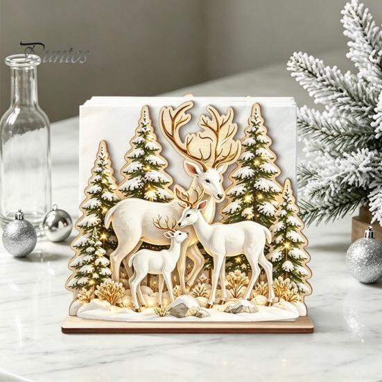 Sturdy Wood Tissue Holder Wooden Christmas Reindeer Napkin for Dining Table, Winter Forest Table Decor Theme Decorative Stand, Festive Kitchen
