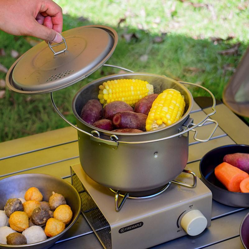 Titanium Camping Pot With Steamer Rack Portable Foldable Lightweight Cookware 2-3 People Outdoor Hiking Backpacking
