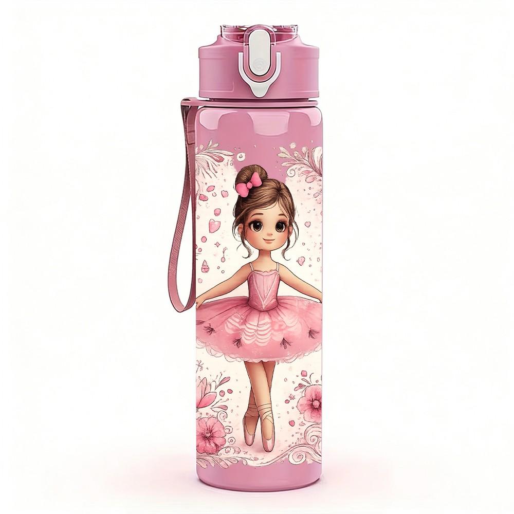 1PC Pink Floral Ballerina Girl Print 750ml Color Plastic Sports Water Bottle Leakproof Flip Straw Lid Suitable for Sports Office Home Use