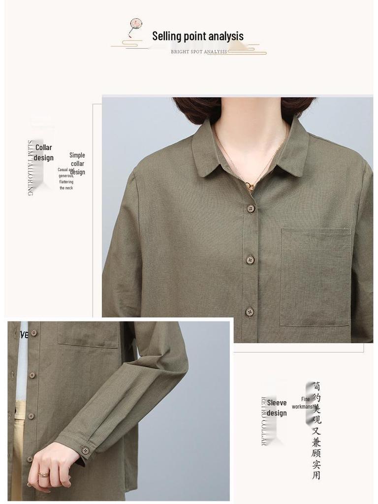 Plus Size Cotton Linen Long Sleeve Shirt for Middle-Aged Women - 2024 Spring & Autumn Fashion Mother's Top