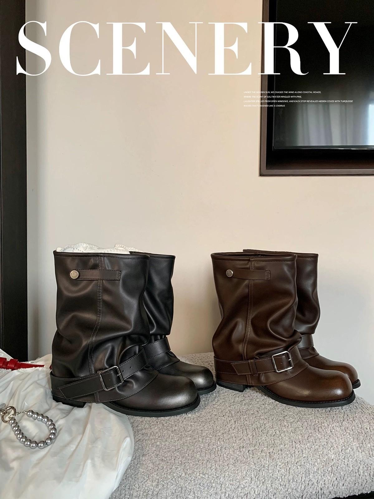 

Виноград Мама Студияли Бэйбс Брюки Сапоги~ Мода Пустошь Ветер Плиссированная Пряжка Ковбойские Сапоги Женские Осенние 40