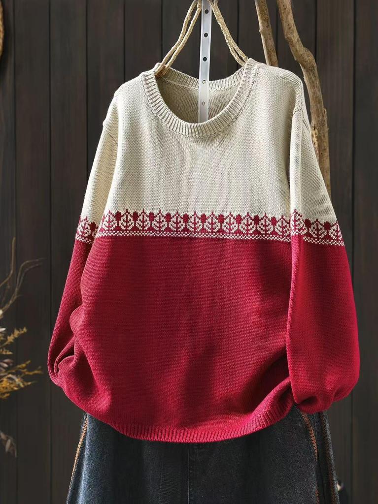 Women's Gradient Color Block Round Neck Cotton Sweater - Casual Korean College Style Knitwear
