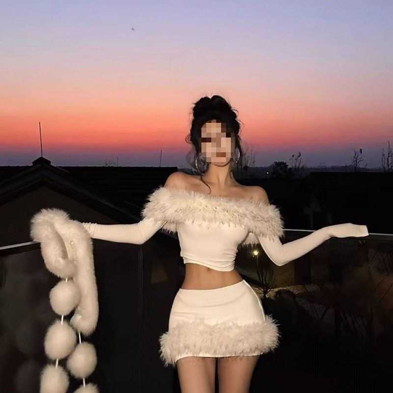 Hot Girl Style Knitted Suit 2025 Autumn and Winter New Style Terry Patchwork One-Shoulder Top High-Waisted Skirt Two-Piece Suit