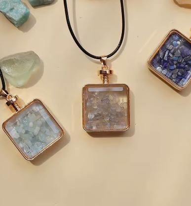 Natural Chip Crystal Pendant Square Perfume Drift Bottle Wishing Crystal Necklace Personalized Sweater Chain