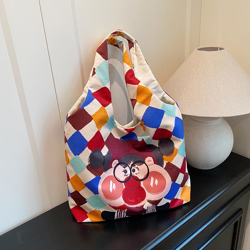 Hand-Painted Cartoon Shoulder Bag: Eco-Friendly Large Capacity for Women & Students