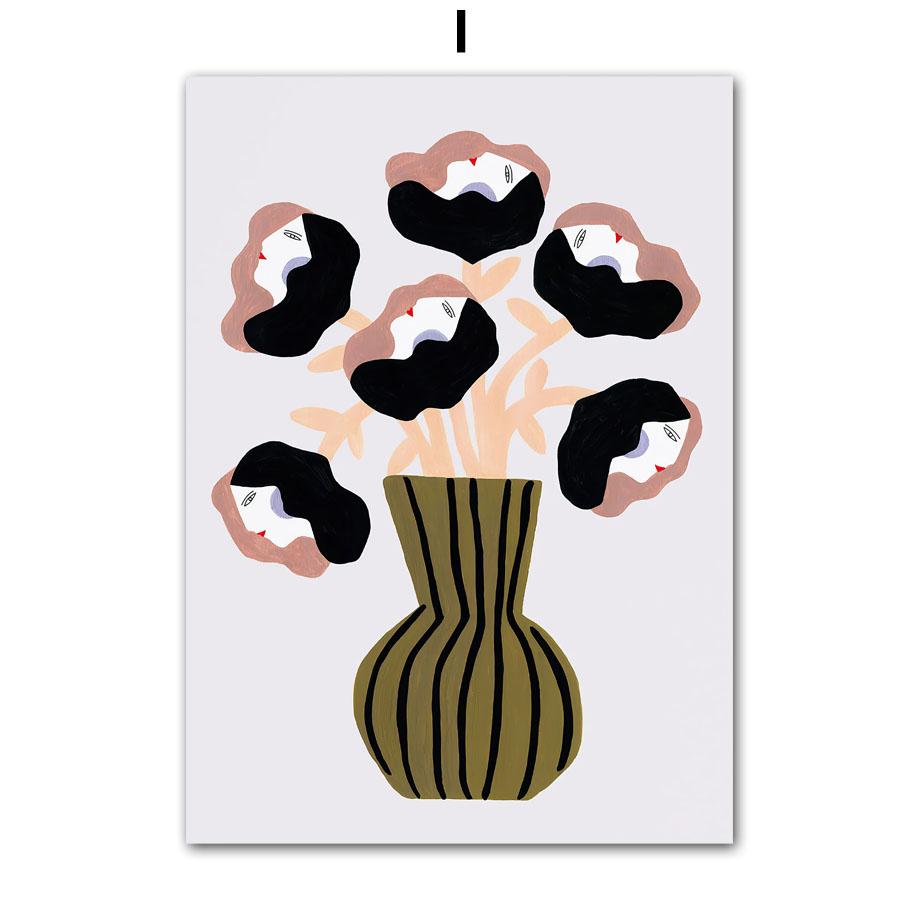 Abstract Lines Girl Vase Flowers Illustration Wall Art Canvas Painting Nordic Poster And Prints Pictures For Living Room Decor