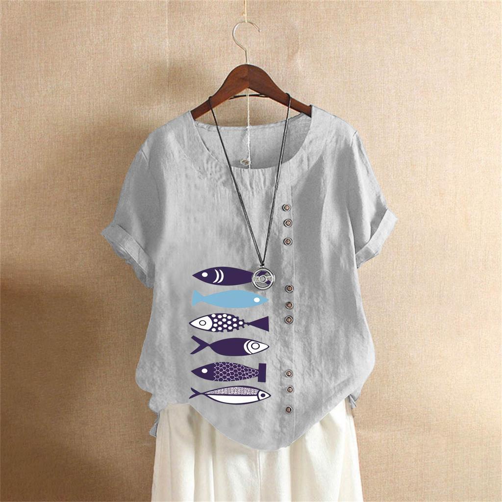 T-shirt Estiva Oversize in Cotone e Lino a Maniche Corte, Abbigliamento Donna Oversize Stampato in Cotone e Lino