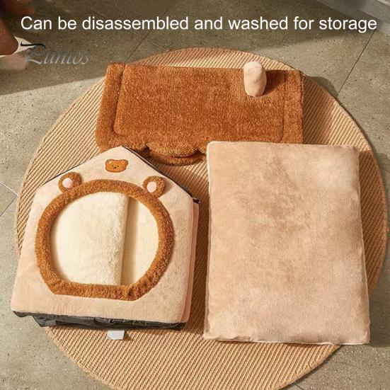 Pet Bed Cave with Removable Cushion Pillow Cartoon Bear Enclosed Indoor Cat Dog House Kitten Puppy Winter Warm Plush Sleeping Nest Pet Supplies