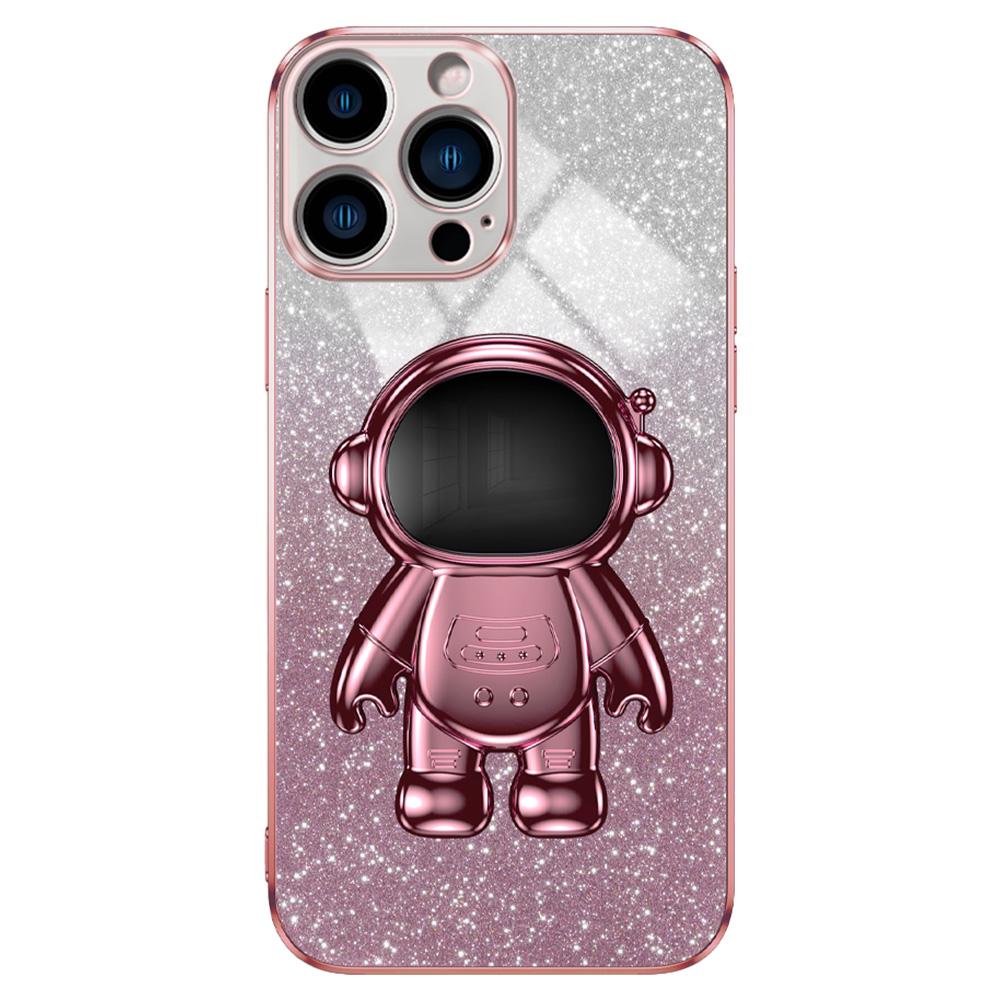 

For iPhone 16 Pro Case with Astronaut Kickstand PC+TPU Phone Cover Shiny Glitter Pink