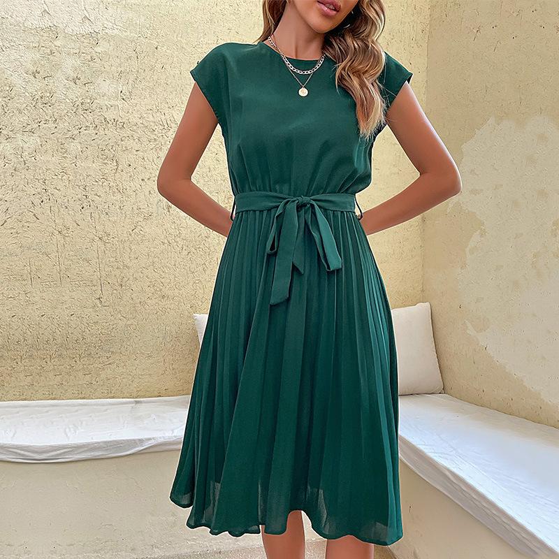 GMXIA Summer Temperament Women's Round Neck Waist Solid Color Pleated Dress Women