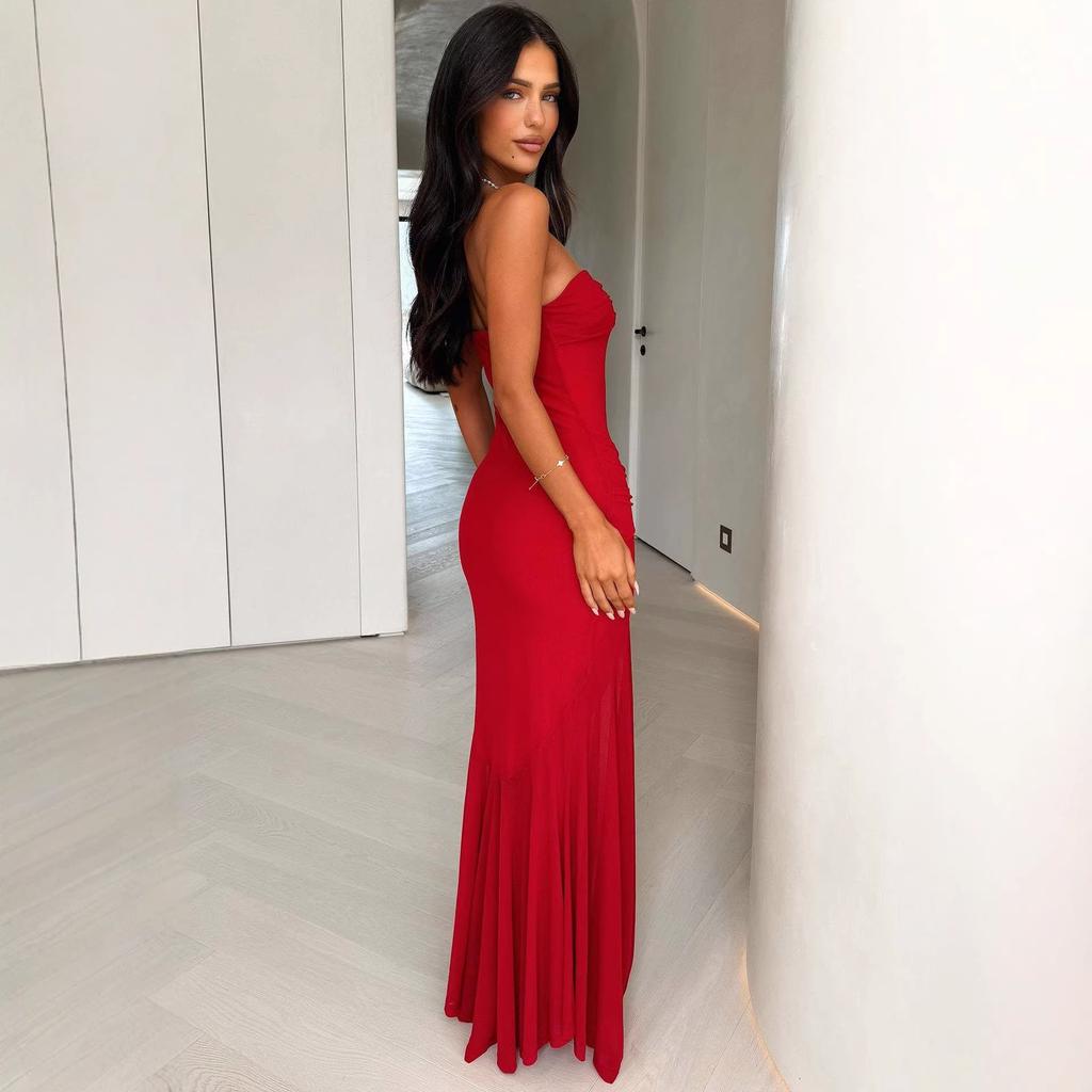 Summer European and American cocktail banquet sexy and charming off-the-shoulder chest wrap see-through mesh long skirt