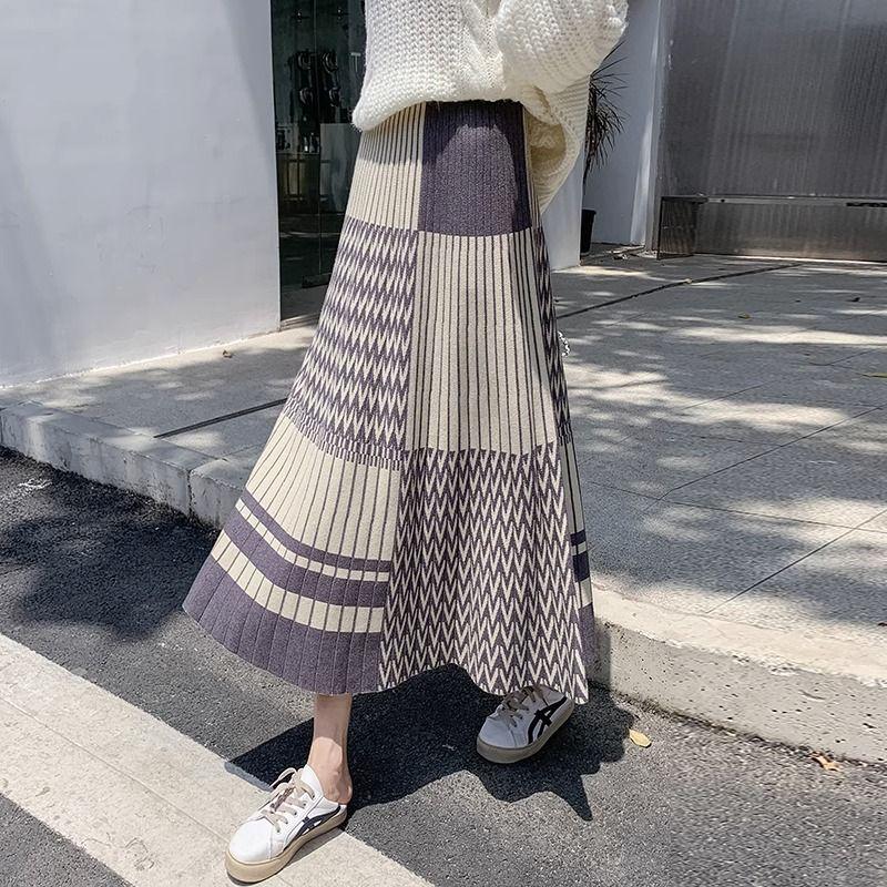 Versatile Flared Pleated Women's Autumn Winter High Waist Thickened Knitted Wool A-Line Hip-Hiding Long Midi Skirt