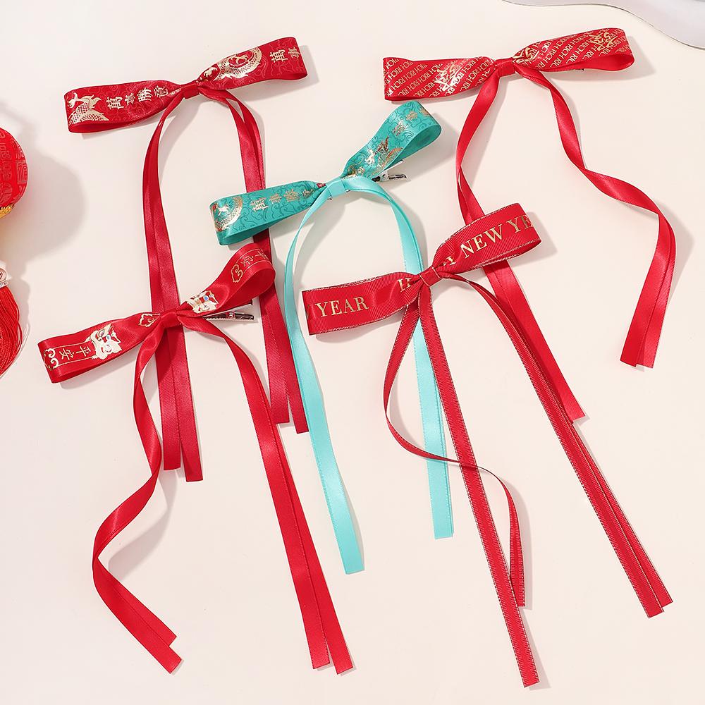 New Hair Clips Chinese Red Retro Ribbon Long Bow Hairpin Children's Hairstyle Styling Headwear New Year Gift Hair Accessories