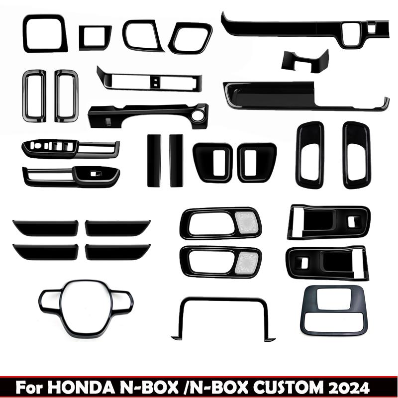 RHD ABS black For Honda N-BOX/N-BOX  2024 2025 door handle window switch trument One button start steering wheel cover