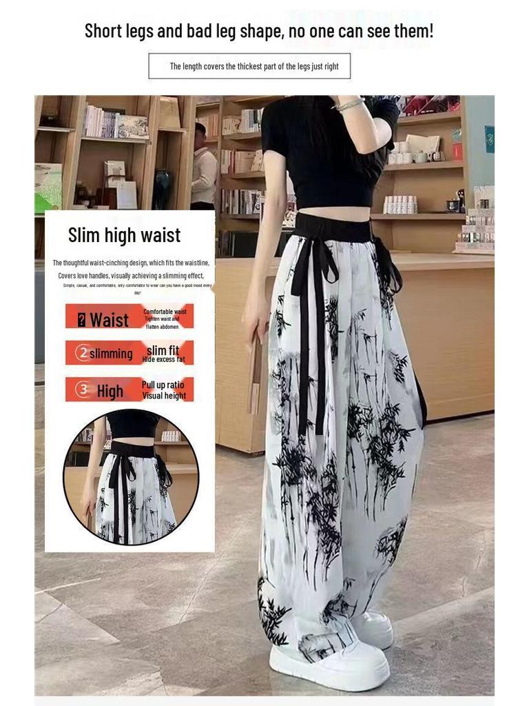 Women's High-Waist Wide-Leg Ink Wash Print Summer Trousers