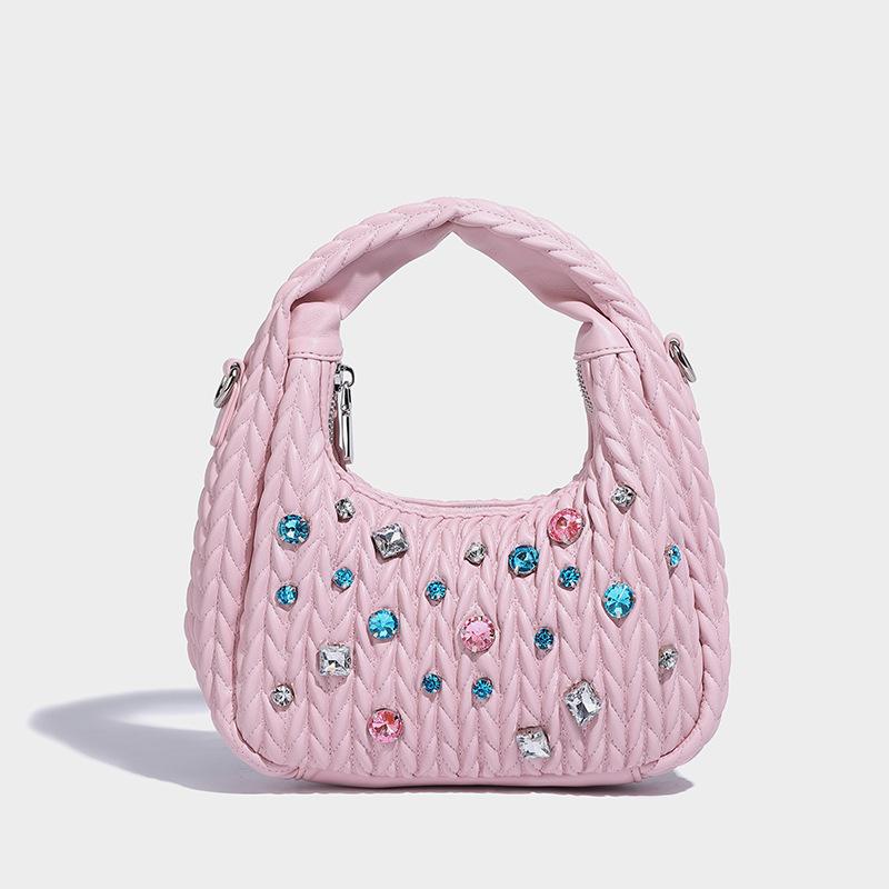 

Niche design pleated cloud woman 2024 summer new diamond-encrusted portable versatile single shoulder crossbody crescent bag рожевий