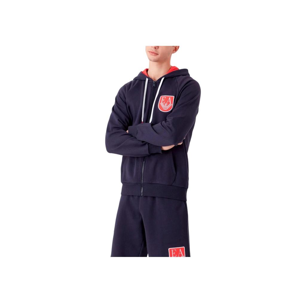 Emporio Armani Logo Patch Drawstring Hooded Zip-Up Raglan Sleeve Sweatshirt Men sweatshirt Navy-Blue 111835-3R573-48336