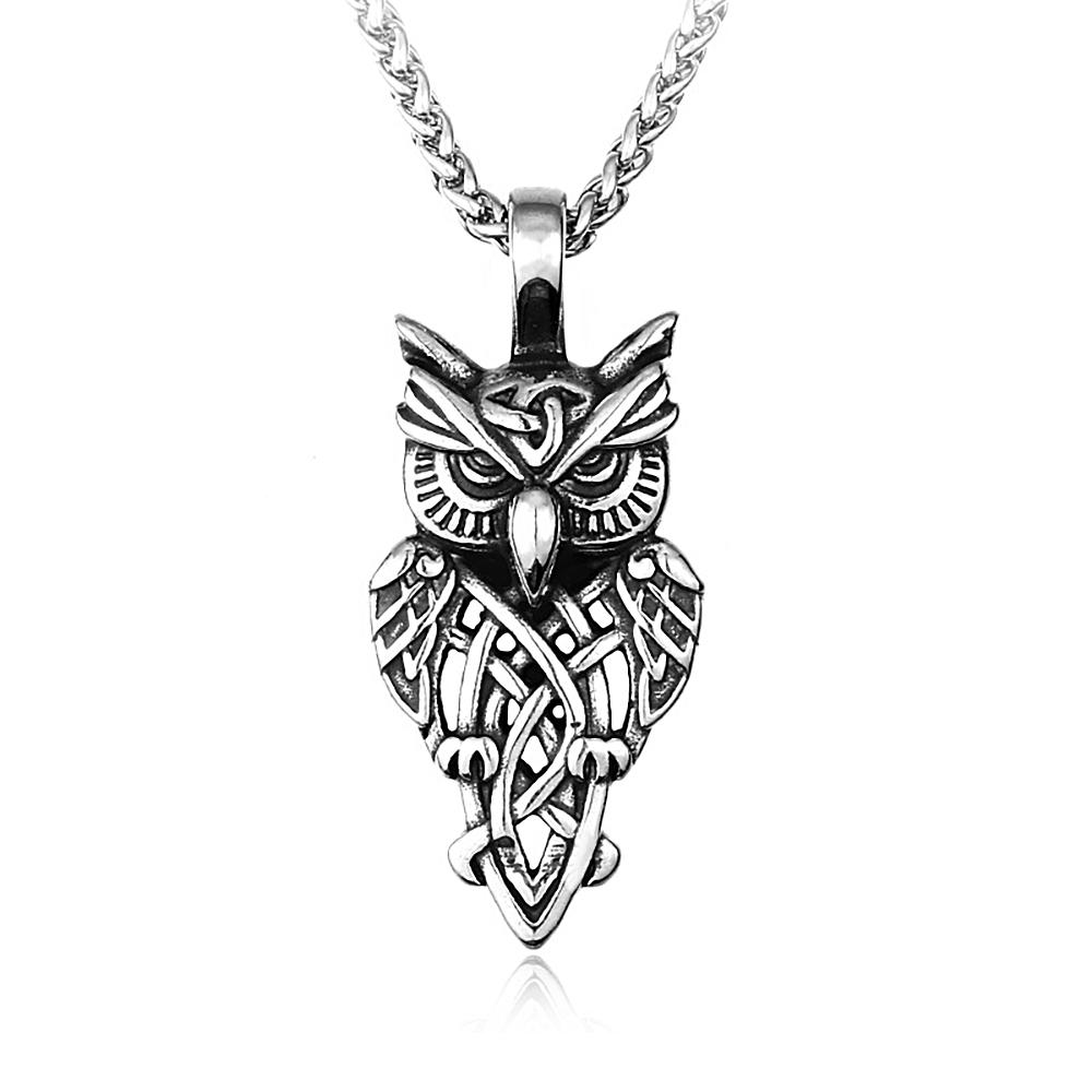Retro Nordic Viking Owl Pendant Necklace Stainless Steel Scandinavian Amulet Celtics Knot Necklace for Men Jewelry