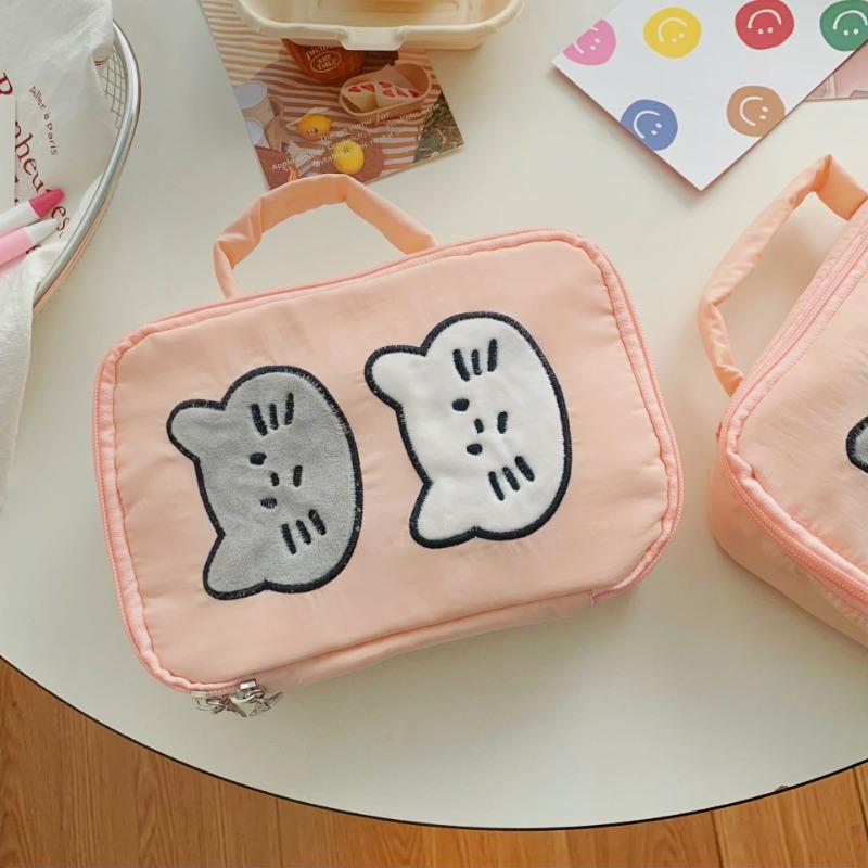 Ins Cute Cartoon Cat Cosmetic Bag Makeup Organizer Female Large Capacity Portable Wash Bag with Net Pocket Cosmetic Storage Bag