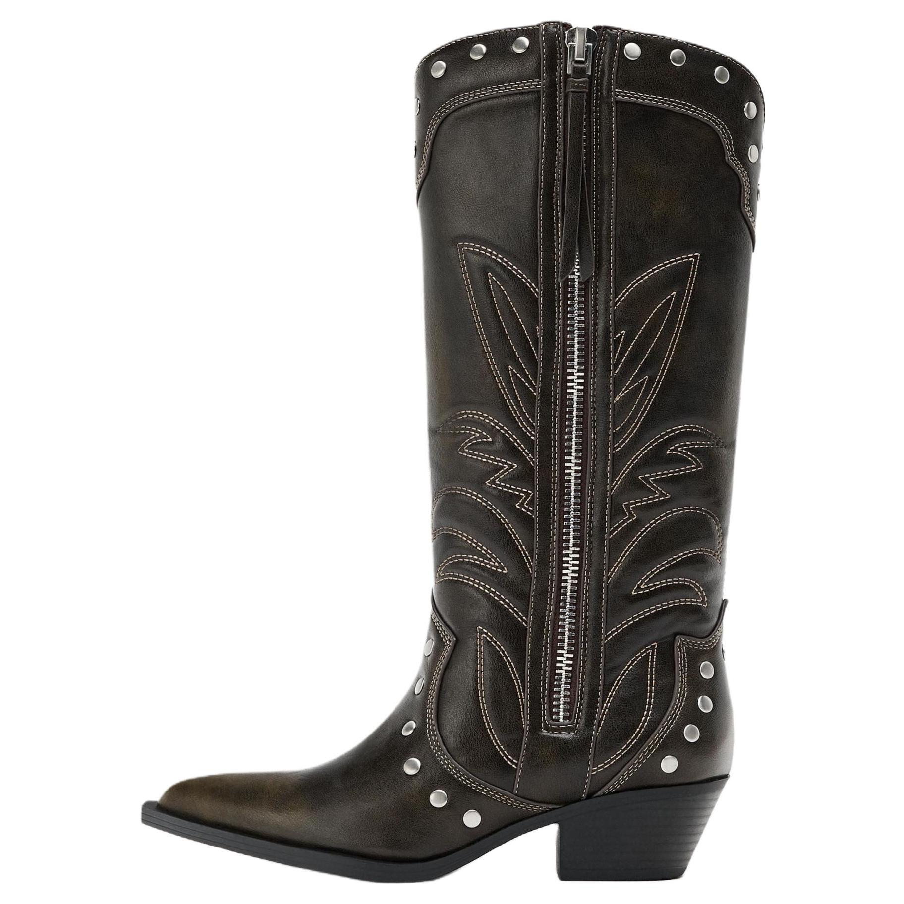 

Zara Легкие винтажные ботинки до колена из денима с шипами и острым носком на массивном каблуке Женские ботинки Коричневые 13030510700 37