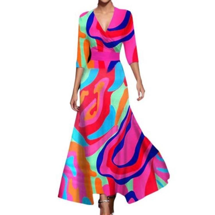Cross V Neck Three Quarter Sleeves Colorful Print Maxi Long Dress Big Swing A-line Slim Waist for Dating Shopping Banquet Fall Spring