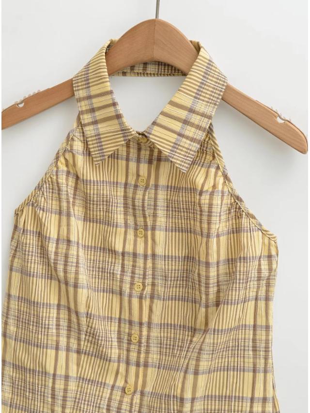 Women's Yellow Plaid Halter Vest & Elastic Waist Shorts Set - Summer 2026