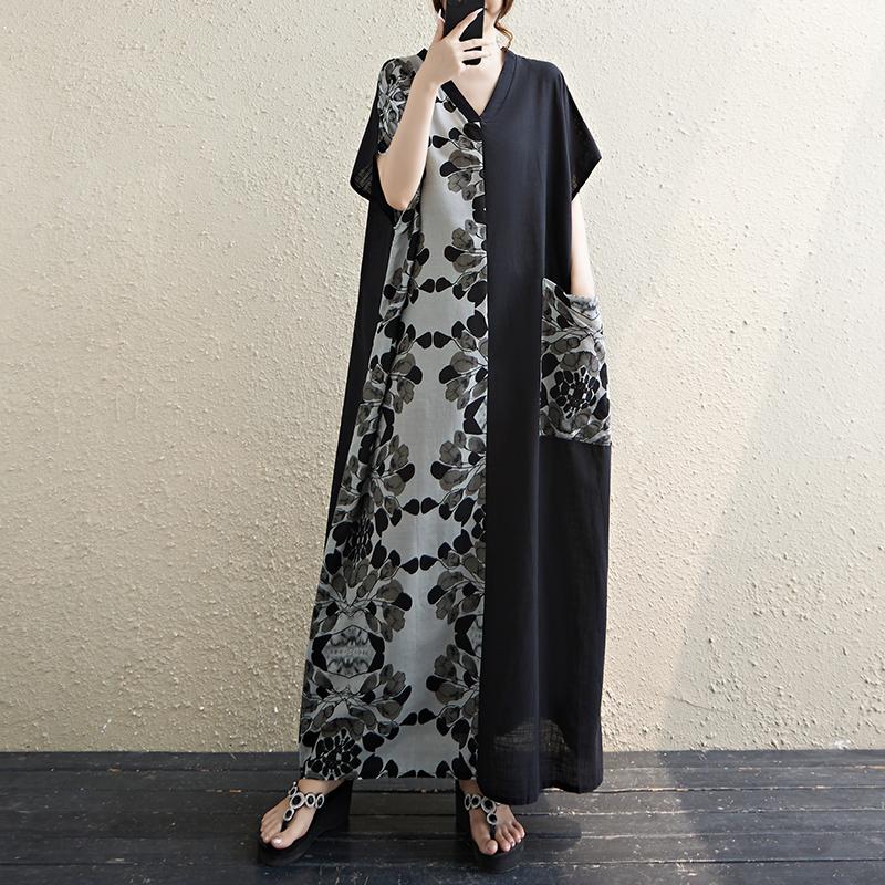 Krátký rukáv Nadměrná velikost Bavlna vintage květinové novinky v šatech pro ženy ležérní volné Maxi dlouhé letní šaty