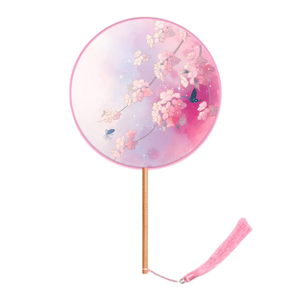 Half Transparent Ancient Style Fan Long Handle Vintage Printing Round Hand Fan Small Round Ink Painting Silk Fan