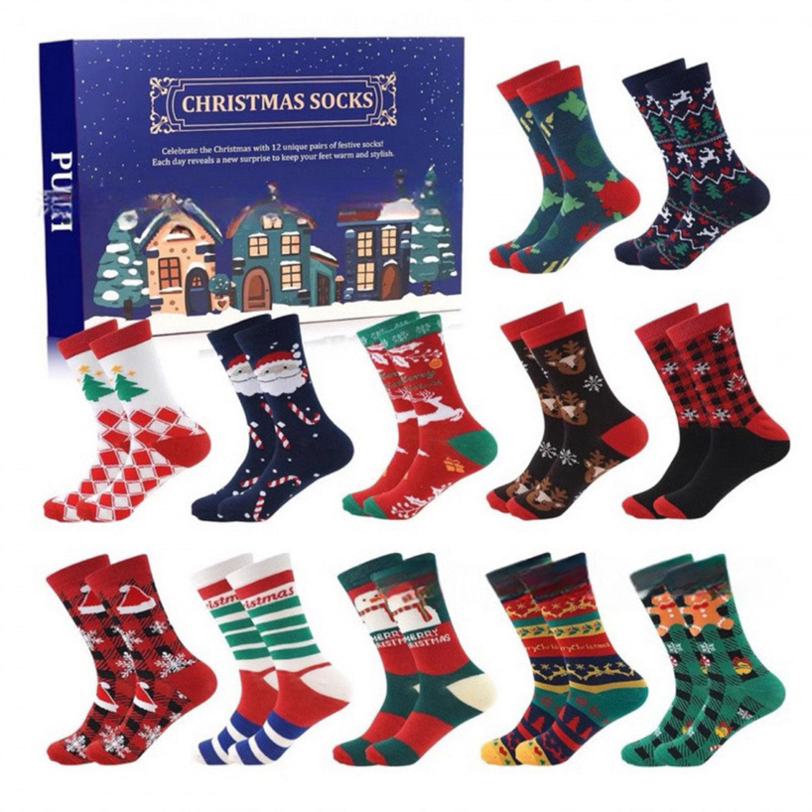 

2026 Xmas Advents Calendar 24 Pairs Unique Festive Men Women Socks Warm Cozy Autumn/Winter Mid-Calf Socks Set As Shown