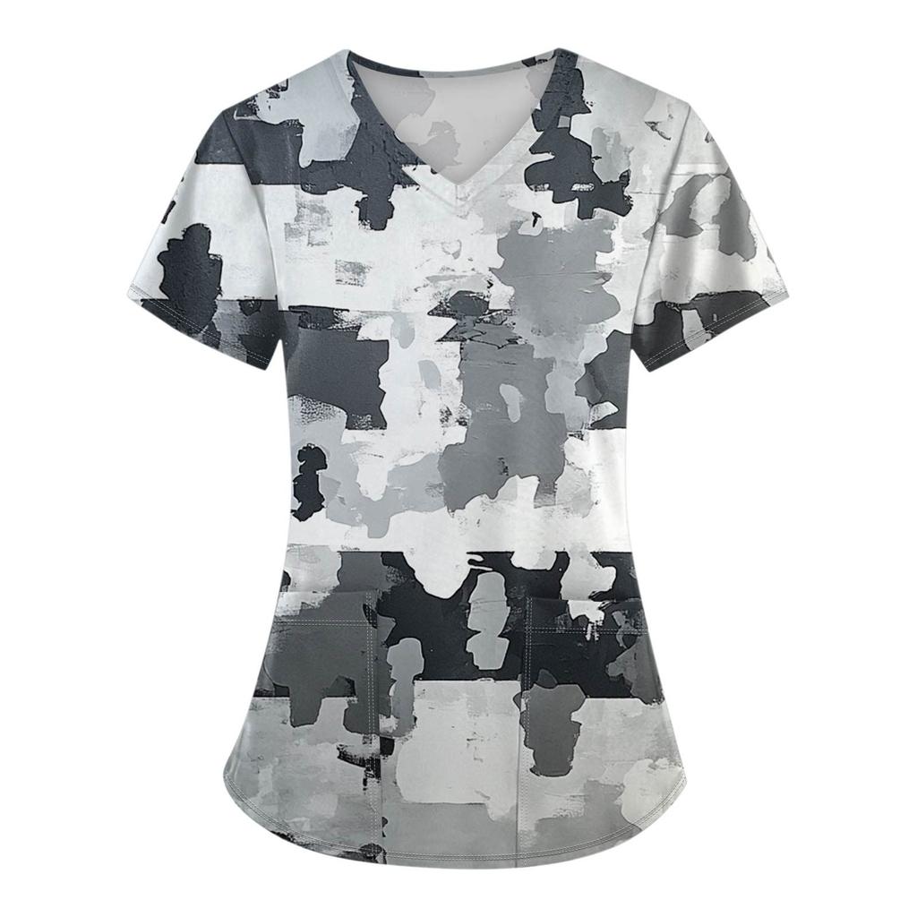 Women's Fashion Printed Short Sleeve Overalls With Pocket Tops Clothes