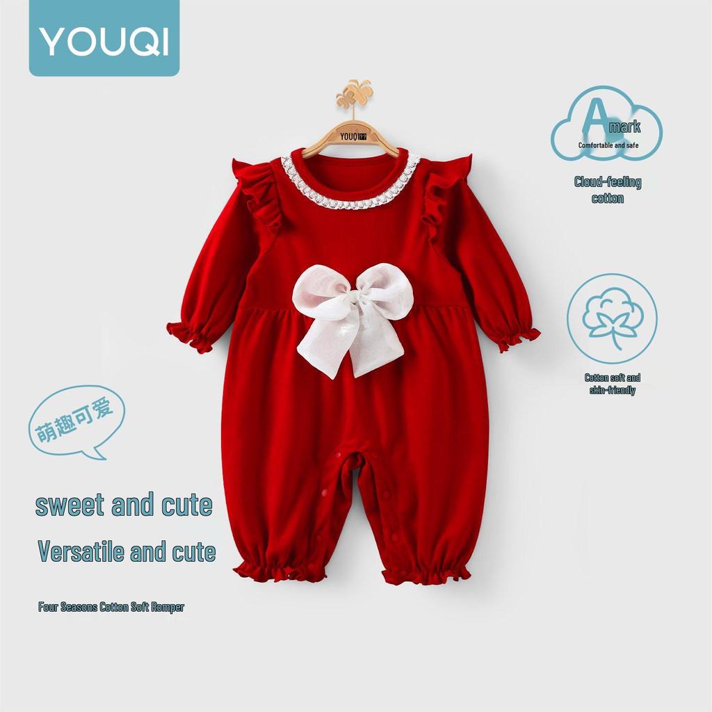 Youqi Autumn Baby Girl Red First Birthday Long Sleeve Dress and Bodysuit Set