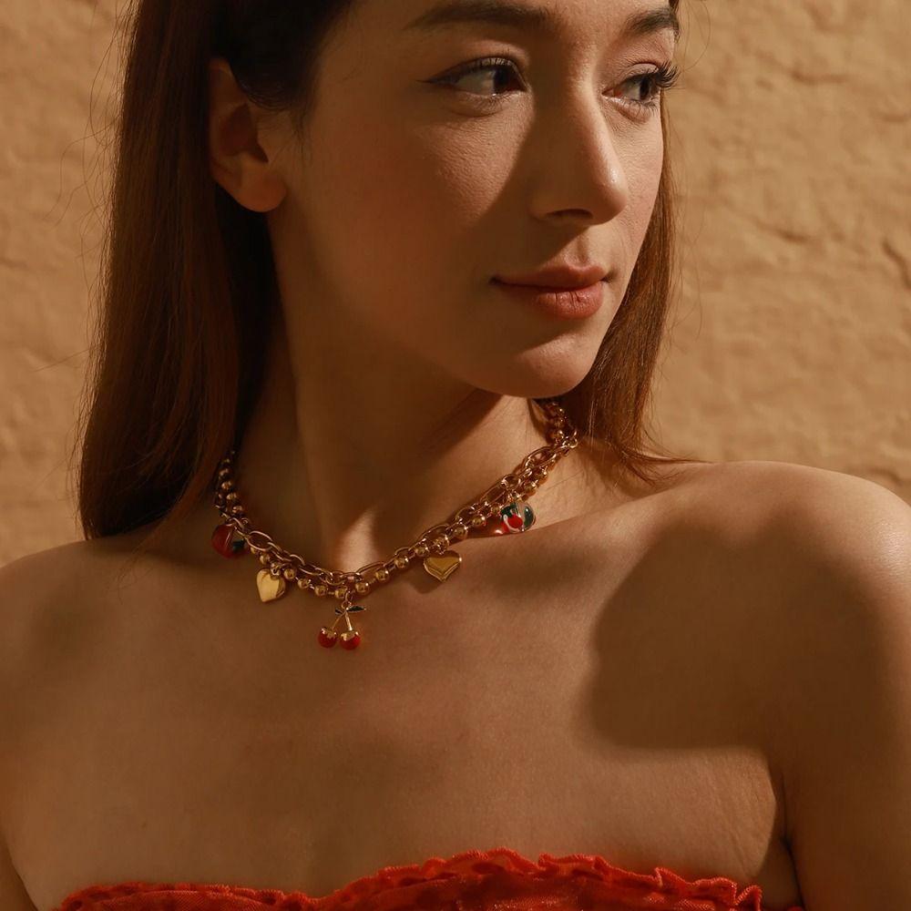 Fruit Series Strawberry Necklace Loveheart Love Chain Choker France Style Cherry Bracelet  Spring
