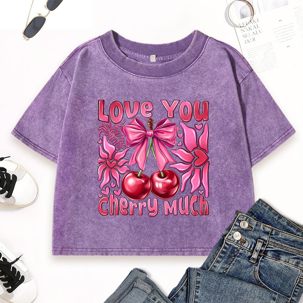 Love You Cherry Much Print Washed Crop T-Shirt Women Summer Soft T Shirts Casual Slim Short Sleeve Clothing