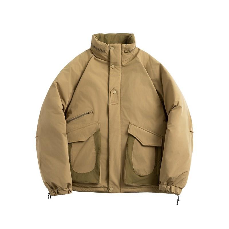 Men Color Block Pocket Cargo Winter Cotton Coat Stand Collar Outdoor Hiking Thick Warm Jacket