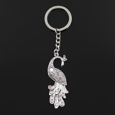 Mode 30mm Schlüsselanhänger Metall Schlüsselanhänger Schlüsselanhänger Schmuck Antik Silber plattiert Pfau 61x21mm Anhänger